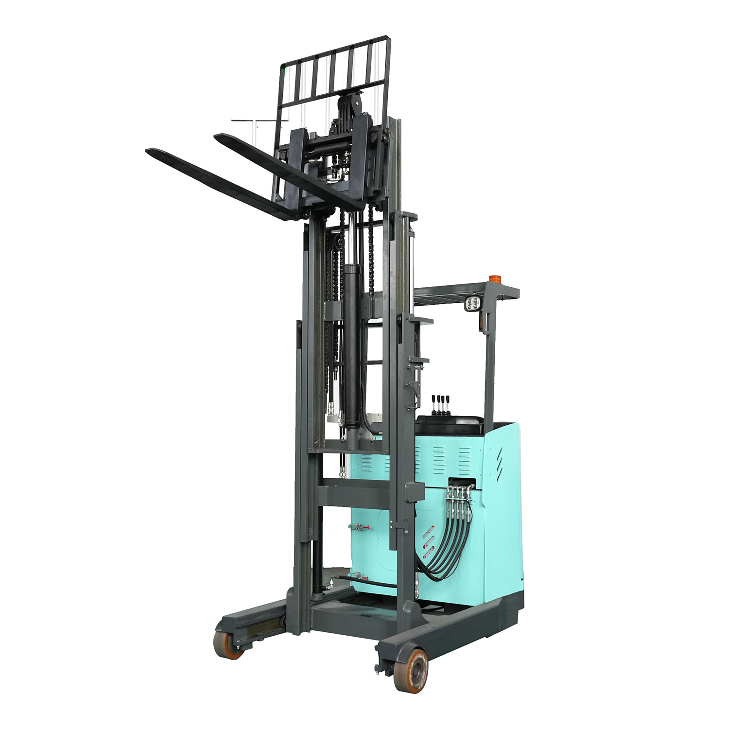 Stand-on electric reach truck with side-shift function, 3-meter lifting height, EPS buffer, suitable for narrow aisle warehouses