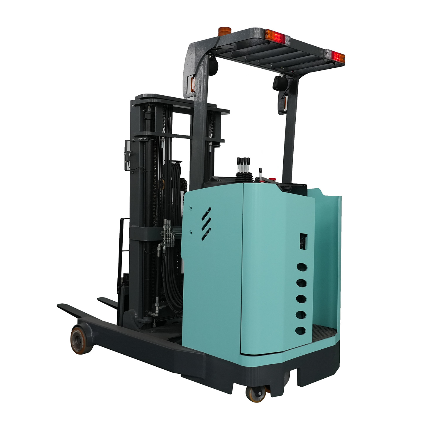 Stand-on electric reach truck with side-shift function, 3-meter lifting height, EPS buffer, suitable for narrow aisle warehouses