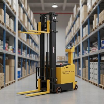Stacker Elektrik Angkat Ganda Kapasitas 2 Ton Angkat 3 Meter untuk Area Penyimpanan Ruang Terbatas