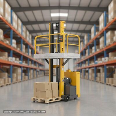 Stabil Semi Electric Order Picker dengan 200kg Loading Capacity dan 2,7m-4,5m Load Height untuk pekerjaan yang aman di ketinggian